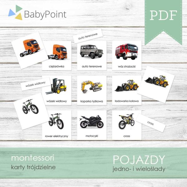POJAZDY - Karty edukacyjne trójdzielne 14 x 14 - 52 szt