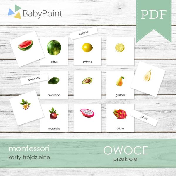 OWOCE - Przekroje - Karty edukacyjne trójdzielne 14 x 14 - 26 szt