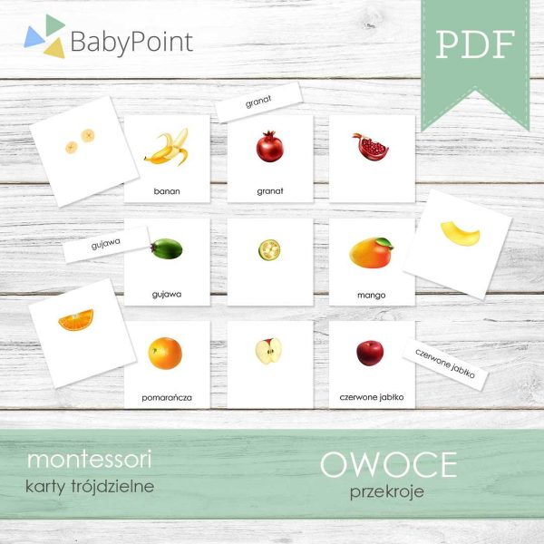 OWOCE - Przekroje - Karty edukacyjne trójdzielne 14 x 14 - 10 szt