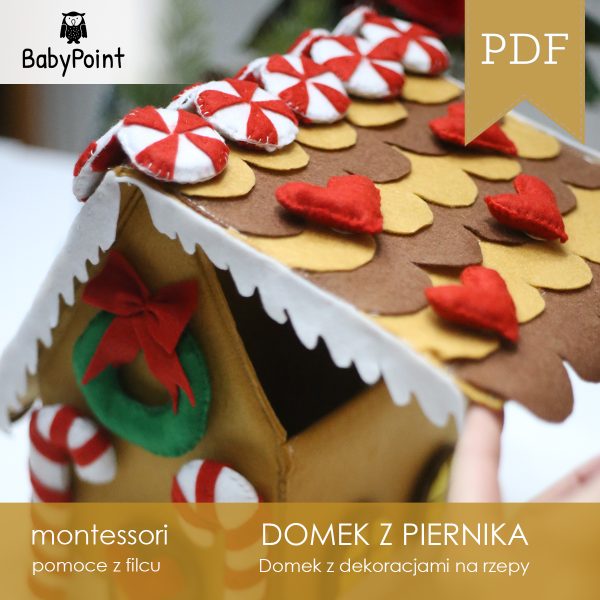 Domek z filcu z dekoracjami na rzepy
